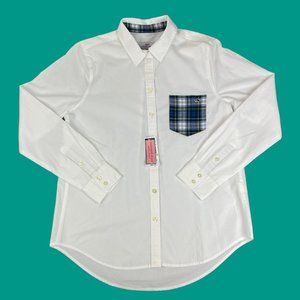 Vineyard Vines White Button-Down Shirt with Navy & Green Plaid Pocket
